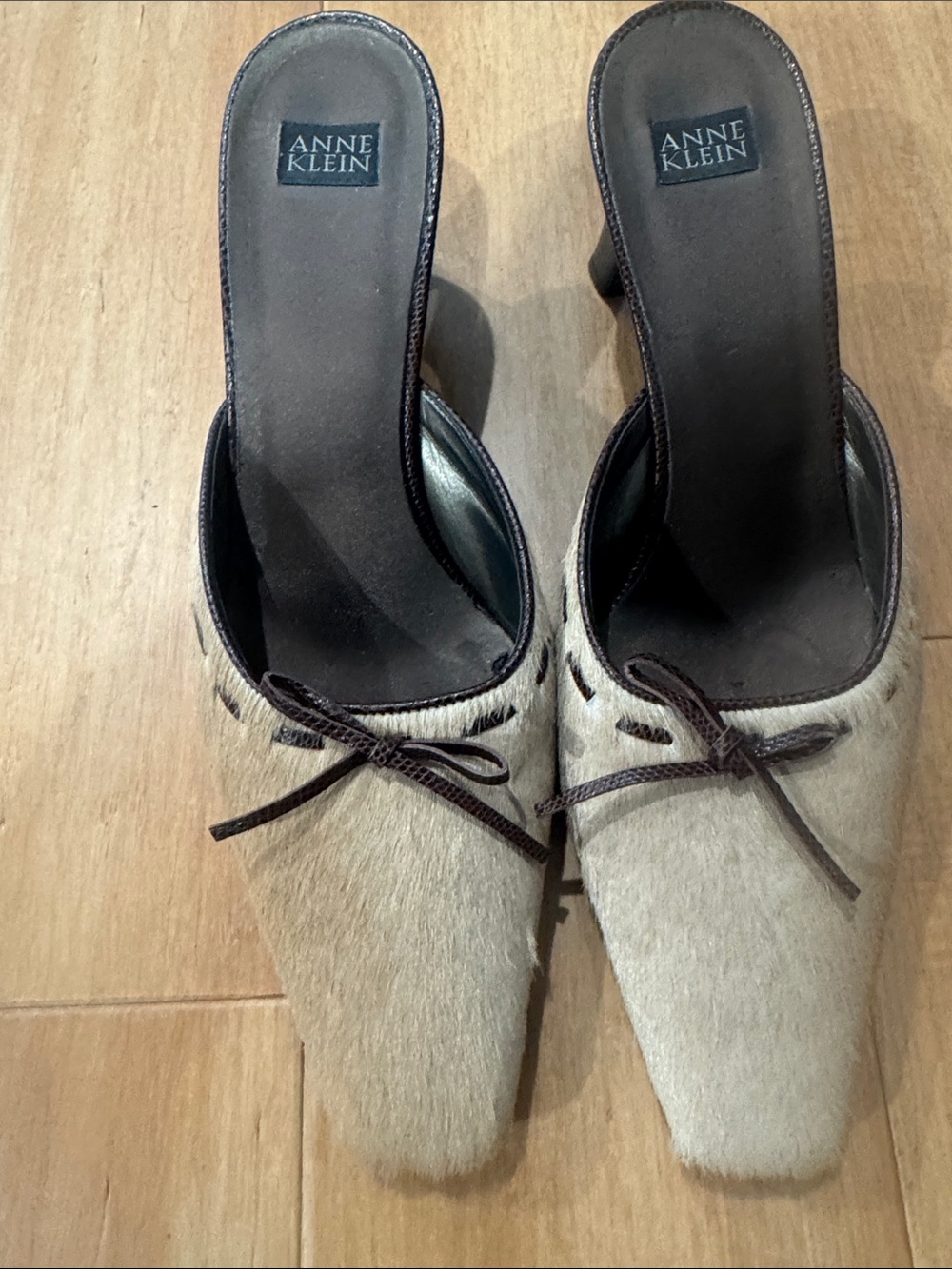 Anne Klein Beige Haircalf Pointed Mule Heels with Brown Bow Accent